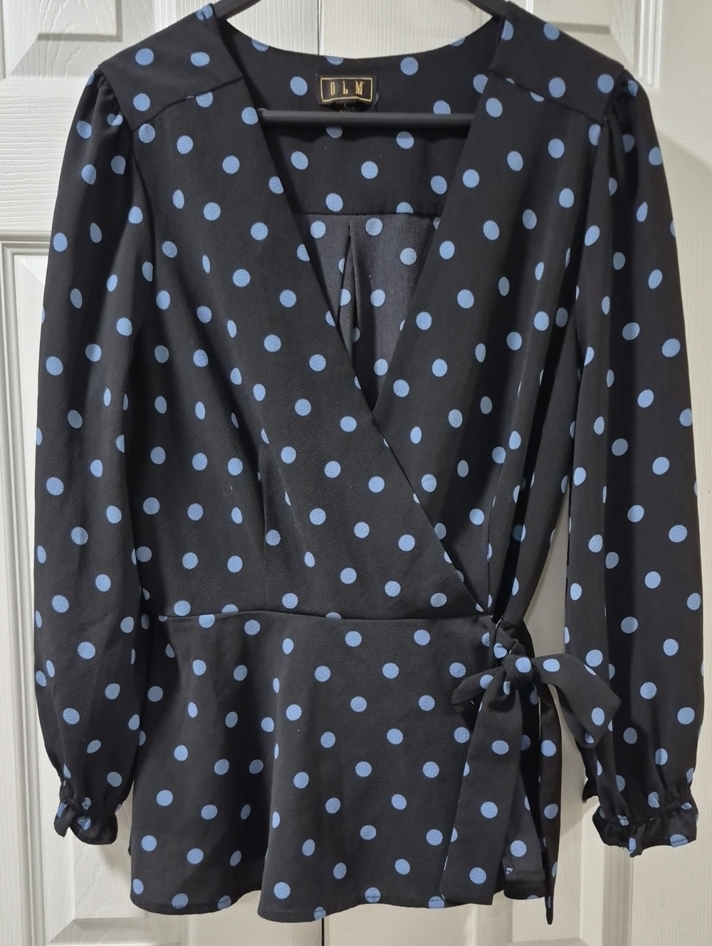 Black Polka Dot Wrap Blouse with Blue Dots